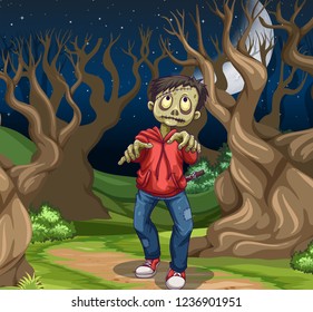 Zombie en la ilustración del bosque oscuro