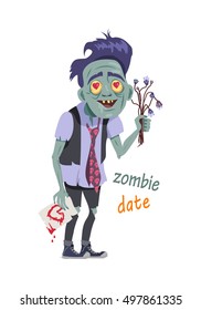 Zombie date. Character isolated. Being with flowers, greeting card. Creature fall in love, hearts in eyes. Horror fantasy, Valentines day concept. Halloween science fiction man in flat style. Vector