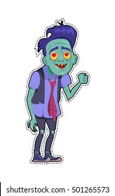 Zombie date with patch fashion pins. Character memphis sticker zombie isolated. Being greeting card. Creature fall in love, hearts in eyes. Valentines day. Halloween science fiction man in flat style