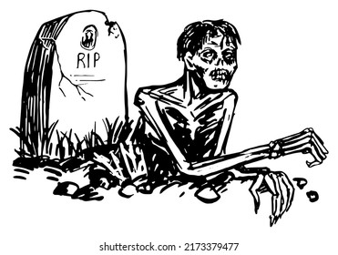 Zombie Dead Man Crawling Out Of The Grave, Spooky Monster Doodle. Halloween Hand Drawn Vector Illustration In Retro Style. Ink Sketch Isolated On White.