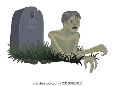 Zombie dead man crawling out of the grave, spooky doodle. Halloween vector illustration in cartoon style. Scary monster clip art isolated on white.