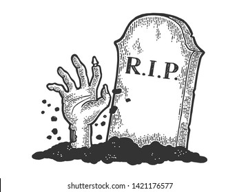 Zombie Dead man hand crawls out of grave sketch engraving vector illustration. Scratch board style imitation. Black and white hand drawn image.