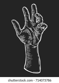Zombie dead man hand hand drawn sketch vector illustration. Halloween decoration, isolated ink engraved hand.