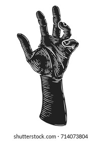 Zombie dead man hand hand drawn sketch vector illustration. Halloween decoration, isolated ink engraved hand.