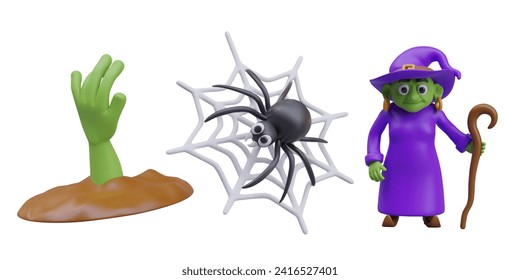 Zombie dead men woke up from sleep. Cartoon spider weaves web, realistic witch with green face and purple costume. Halloween collection. Vector illustration in 3d style