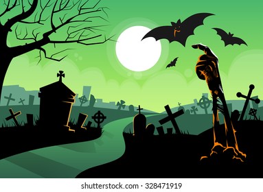 Zombie Dead Skeleton Hand From Ground Vampire Bat Halloween Banner Cemetery River Graveyard Card Vector Illustration