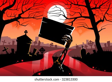 Zombie Dead Skeleton Hand Hold Sign Board, Red Blood River Halloween Arms From Ground Cemetery Vector Illustration