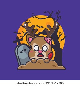 Zombie deer rise from graveyard in halloween day. Cute halloween cartoon illustration.