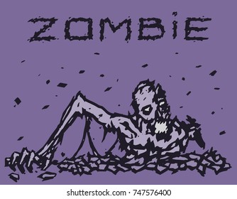 Zombie demon climbs out of hell. Vector illustration. The image of horror. Drawing nightmare character.