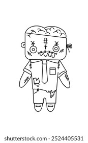 Zombie doll with red eyes that fell out. Halloween Coloring Page. Creepy of doll face with green zombie skin and torn clothes in the white background. 