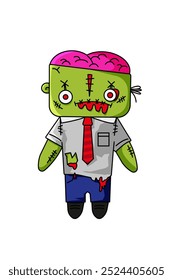 Zombie doll with red eyes that fell out. Creepy of doll face with green zombie skin and torn clothes in the white background. Halloween concept