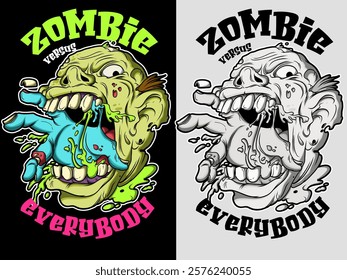 Zombie drawing vector illustration in graffiti style. Zombie graffiti drawing in color and black and white version