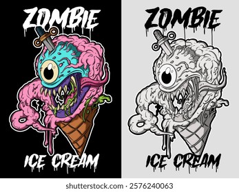 Zombie drawing vector illustration in graffiti style. Zombie graffiti drawing in color and black and white version