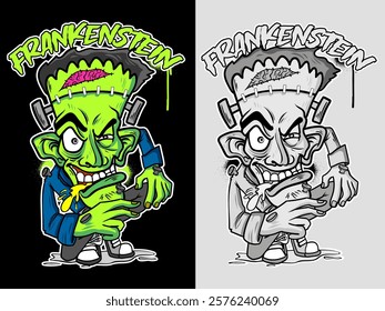 Zombie drawing vector illustration in graffiti style. Zombie graffiti drawing in color and black and white version