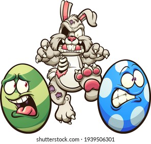 Zombie Easter rabbit chasing eggs. Vector clip art illustration with simple gradients. Some elements on separate layers.
