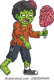 Zombie Eating Brain Stick Cartoon Colored Clipart 