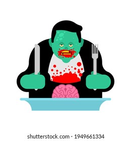 Zombie eating brains from plate. vector illustration