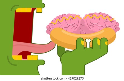 Zombie eating hot dog with brains. Fast food for green dead. Bun and Central Authority of human nervous system. Open your mouth and hand monster