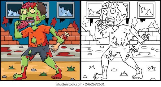 Zombie Eating Human Flesh Coloring Illustration