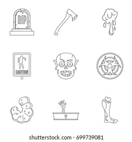Zombie element icon set. Outline set of 9 zombie element vector icons for web isolated on white background