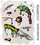 Zombie elements set. Brains, eyes, knife, scratch, scar, flies, blood and mucus. Vector illustrations