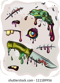 Zombie elements set. Brains, eyes, knife, scratch, scar, flies, blood and mucus. Vector illustrations
