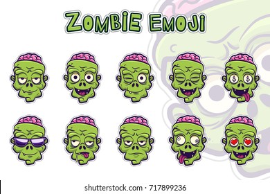 Zombie emoji symbols set. Green zombie cartoon head sticker with different emotions. Funny spooky halloween character isolated on white. Elements for your design. Vector illustration.