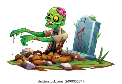 Zombie with exposed brain crawling out from the grave. Vector cartoon illustration