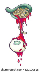 Zombie eye fallen out from skull full of grubs. Vector Halloween illustration