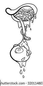 Zombie eye fallen out from skull full of grubs. Vector Halloween linear illustration