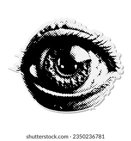 Zombie eye - Halloween halftone mixed media collage paper sticker. Dotted Vintage illustration in 90s zine Paper piece style.