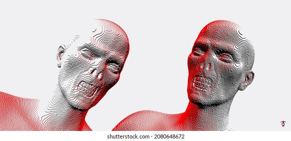 Zombie face. Abstract digital head constructing from cubes. Voxel art. 3D vector illustration.