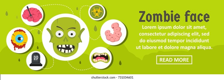 Zombie face banner horizontal concept. Flat illustration of zombie face banner horizontal vector concept for web design