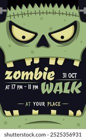 Cartaz do folheto de conceito de rosto de zumbi para o evento temático de Halloween 'Zombie Walk'. Este cartaz é perfeito para um evento de Halloween ou festa temática.