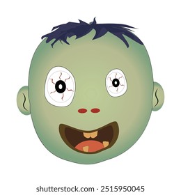 Zombie face Expressions illustration, cartoon zombie faces with different emotions, happy, confused, neutral, and scared, featuring green skin, messy hair, and bloodshot eyes.