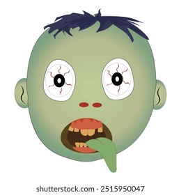 Zombie face Expressions illustration, cartoon zombie faces with different emotions, happy, confused, neutral, and scared, featuring green skin, messy hair, and bloodshot eyes.