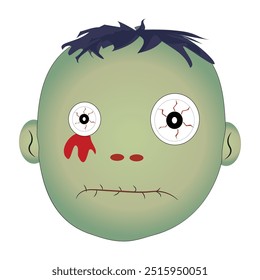 Zombie face Expressions illustration, cartoon zombie faces with different emotions, happy, confused, neutral, and scared, featuring green skin, messy hair, and bloodshot eyes.