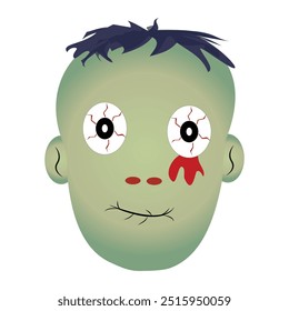 Zombie face Expressions illustration, cartoon zombie faces with different emotions, happy, confused, neutral, and scared, featuring green skin, messy hair, and bloodshot eyes.