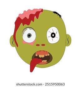 Zombie face Expressions illustration, cartoon zombie faces with different emotions, happy, confused, neutral, and scared, featuring green skin, messy hair, and bloodshot eyes.