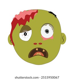 Zombie face Expressions illustration, cartoon zombie faces with different emotions, happy, confused, neutral, and scared, featuring green skin, messy hair, and bloodshot eyes.