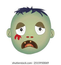 Zombie face Expressions illustration, cartoon zombie faces with different emotions, happy, confused, neutral, and scared, featuring green skin, messy hair, and bloodshot eyes.