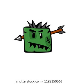 zombie face.Cartoon comical color avatar with an arrow in his head