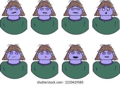 Zombie facial expressions. Cute girl with various emotions vector flat illustration.