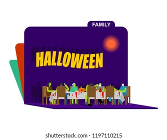 Zombie Family dinner Paper art carving. Big table. Halloween relatives celebration. Father and mother. Grandmother and grandfather. Relatives feast
