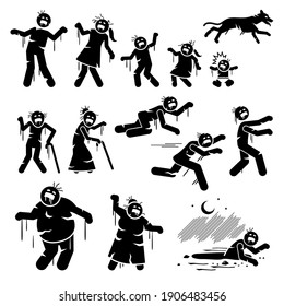 Zombie family and infected stick figures character design. Vector illustrations of father, mother, children, baby, pet dog, old people becoming infected zombie funny illustration. 