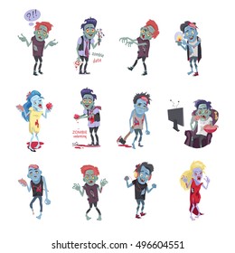 Zombie fictional undead beings set. Created by reanimation of human. Horror fantasy concept. Science fiction cartoon characters in flat style. Radiation, mental diseases, viruses, scientific accidents