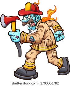 Zombie fireman walking with an angry face and holding an axe. Vector cartoon clip art illustration with simple gradients. All on a single layer.
