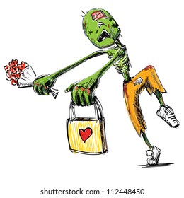 Zombie with flowers and present isolated on white background. Hand drawing sketch vector illustration