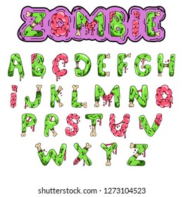 Zombie font. Cartoon green vector letters with brains and bones. Monster, halloween, scary picture.