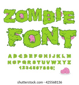 Zombie Font. Scary Green Letters And Brain. 